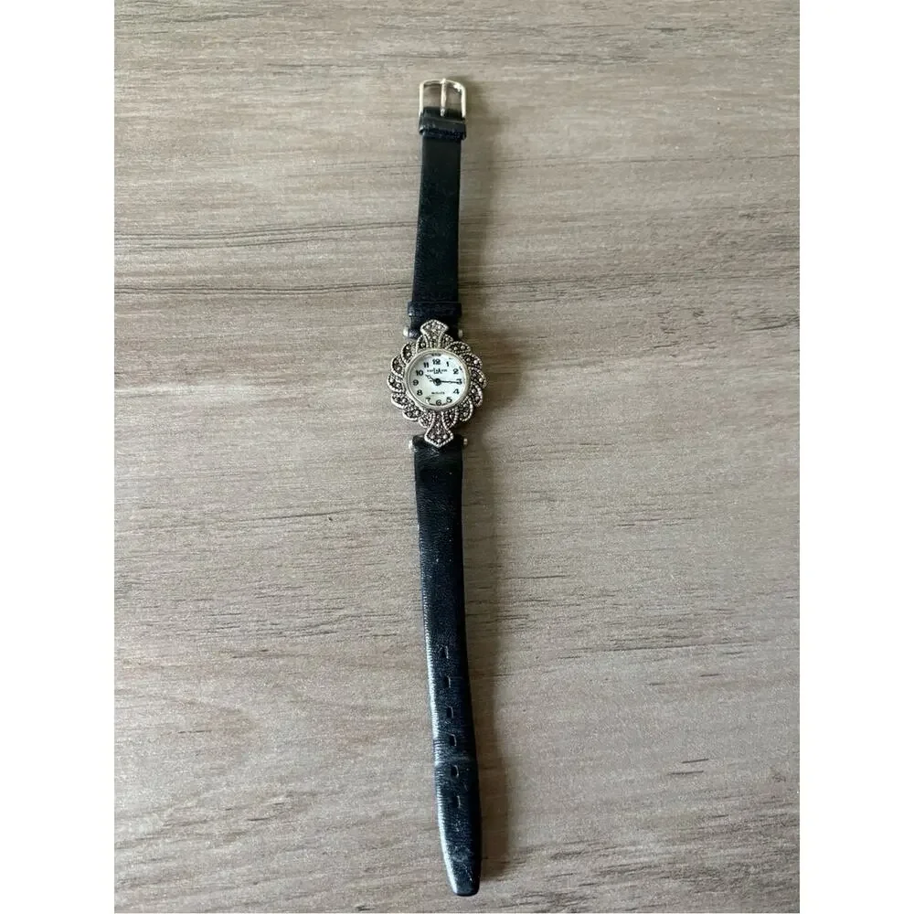 Express LA Marcasite Style Watch Black Leather Band Vintage Inspired Quartz
